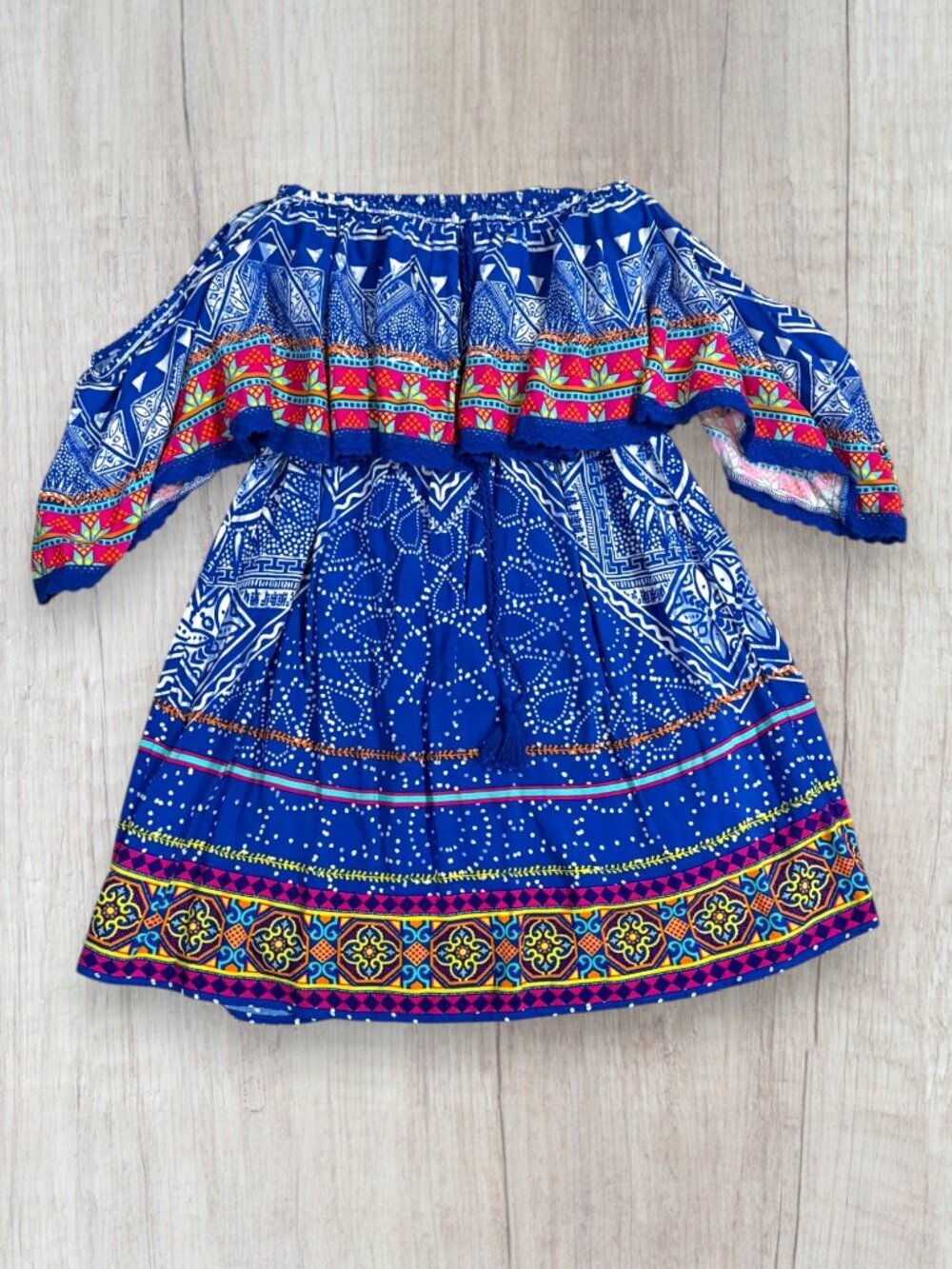 Flying Tomato Off Shoulder Boho Dress Blue Printed Peasant Tassel Festival S
